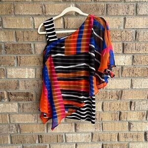 Joseph Ribkoff Asymmetrical One Shoulder Top Abstract Stripe Sheer Overlay Sz2